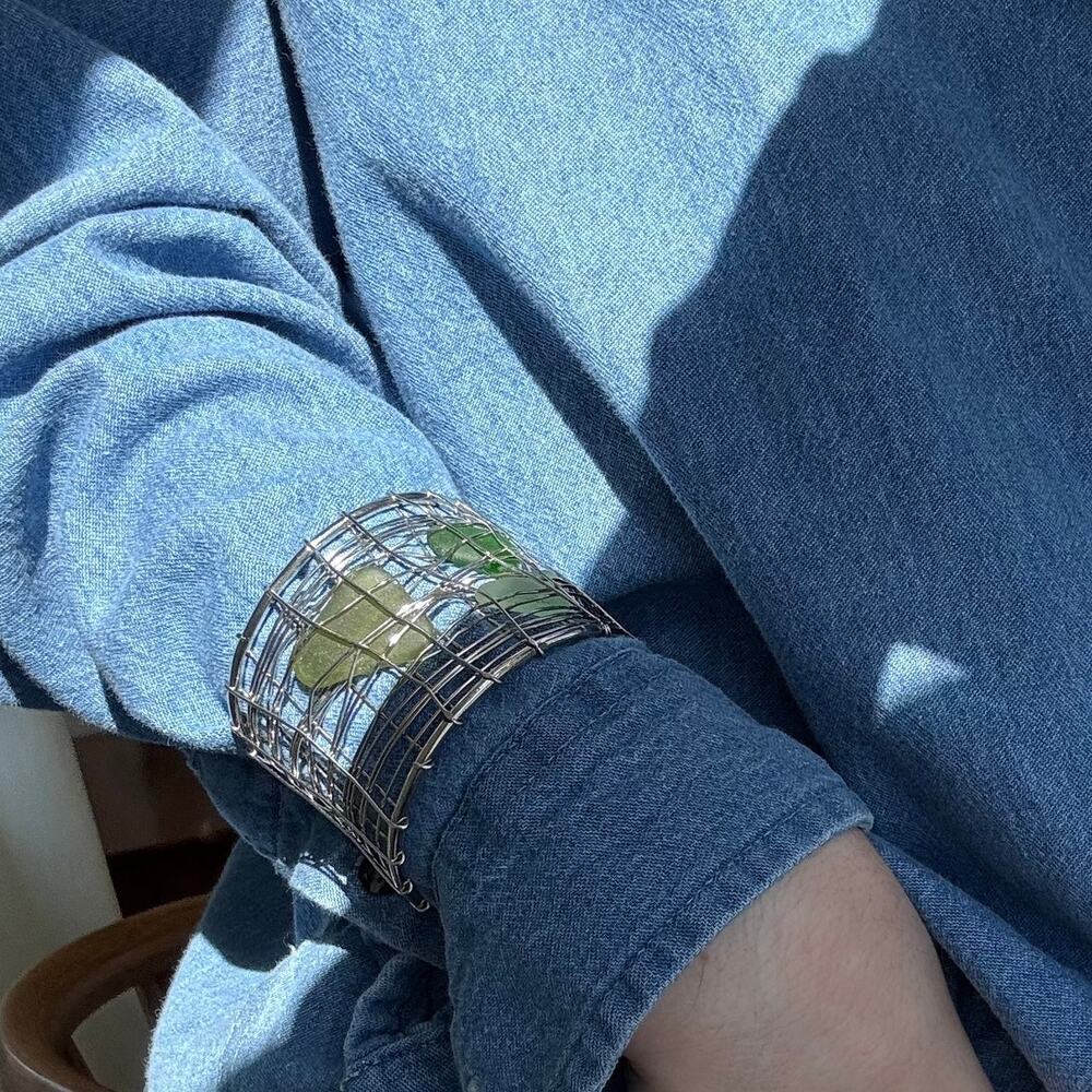 Handmade Silver Wire Wrapped Cuff Bracelet Green Tone Sea Glass Accents - Picture 10 of 11